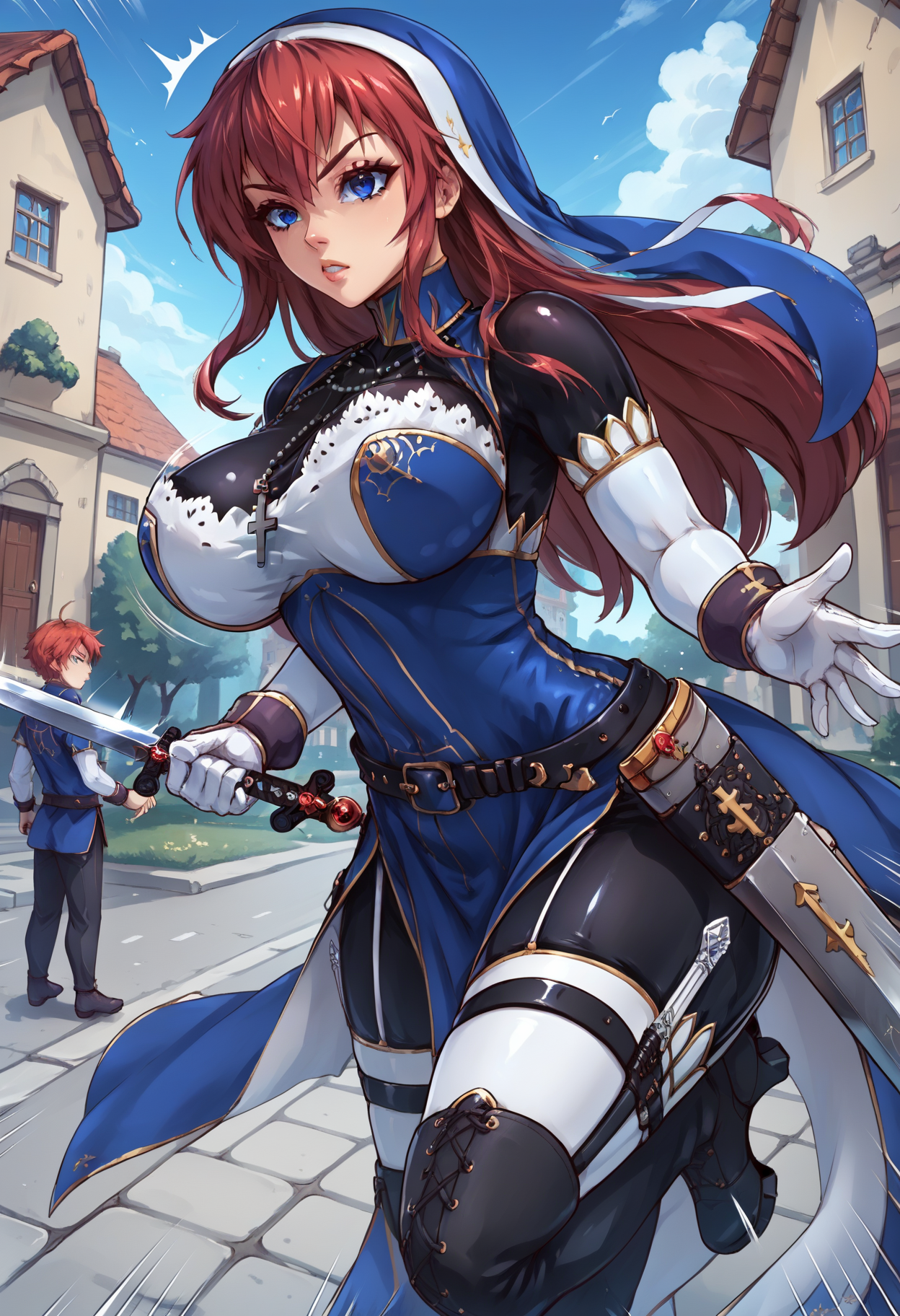 score_9, score_8_up, score_7_up, score_6_up, score_5_up, score_4_up, source_anime,  BREAK
,full boy dynamic pose, holding a sword, speed lines,, 1girl,battleNun, cross necklace, habit, red hair, blue eyes, <lora:battleNunPony:1>, large breasts,  in a medieval street,
