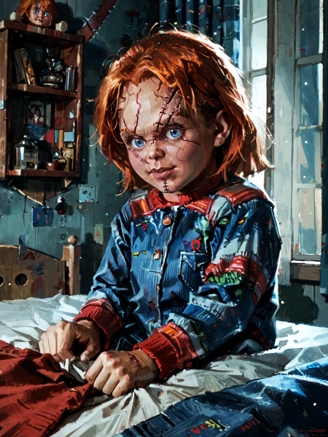 <lora:Chucky:0.8>, chuck3y, 1boy, blue eyes, orange hair, stitches, doll, denim jacket, sitting on bed, room, college room, shelf, bed sheet, table, upper body, window, night, solo, dark, <lora:AlexanderMandradjiev:0.8>, zPDXL3, score_9, score_8_up, score_7_up, score_6_up, score_5_up, score_4_up, realistic, source_real