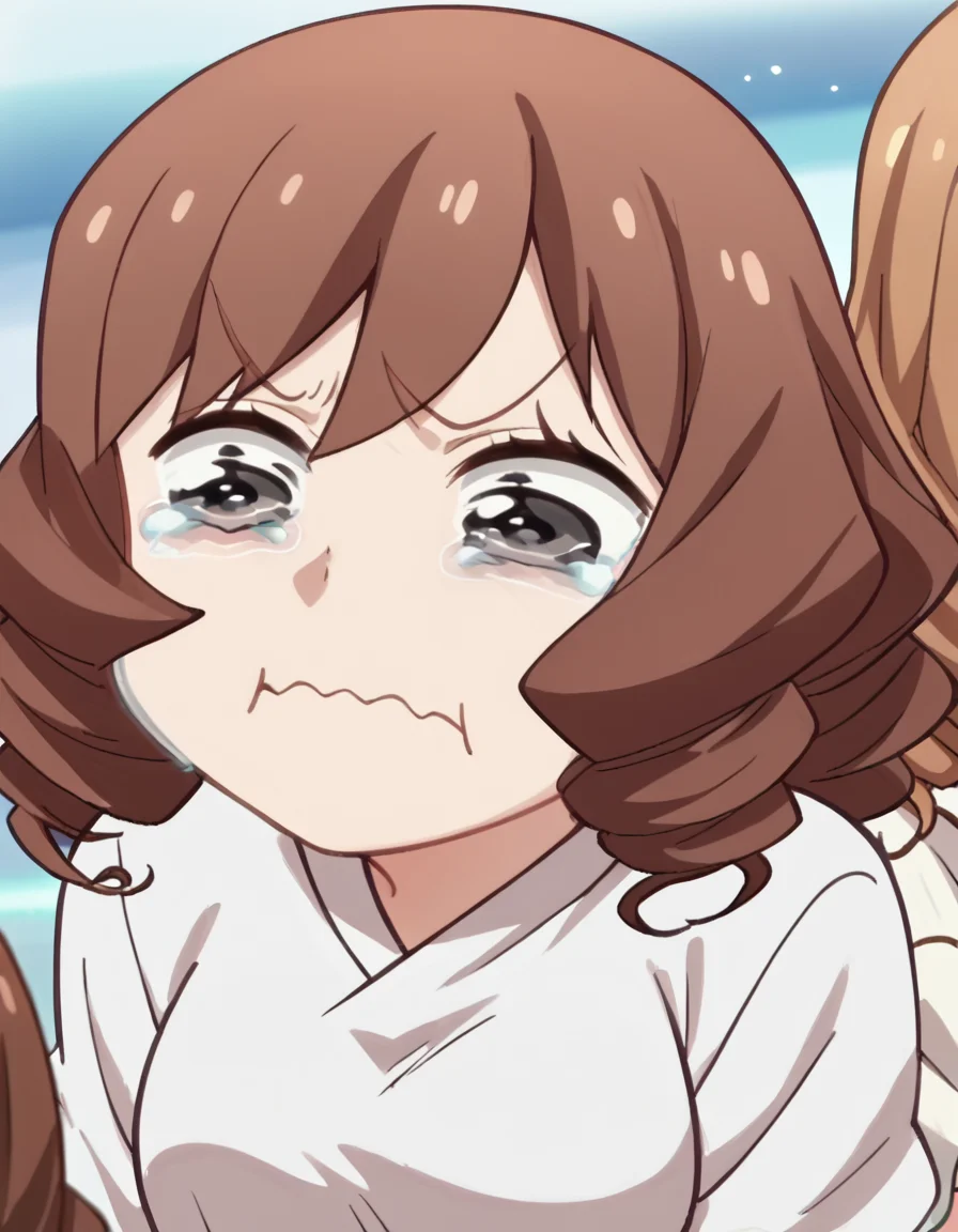 score_9, score_8_up, score_7_up, source_anime, <lora:kazuko-hosogawa-s1-ponyxl-lora-nochekaiser:1>, kazuko hosogawa, brown hair, grey eyes, drill hair, medium breasts, anime screencap, <lora:aqua-about-to-cry-ponyxl-lora-nochekaiser:1> crying aqua, crying aqua (meme), crying, tearing up, tears, wavy mouth,, , dutch angle, cowboy shot