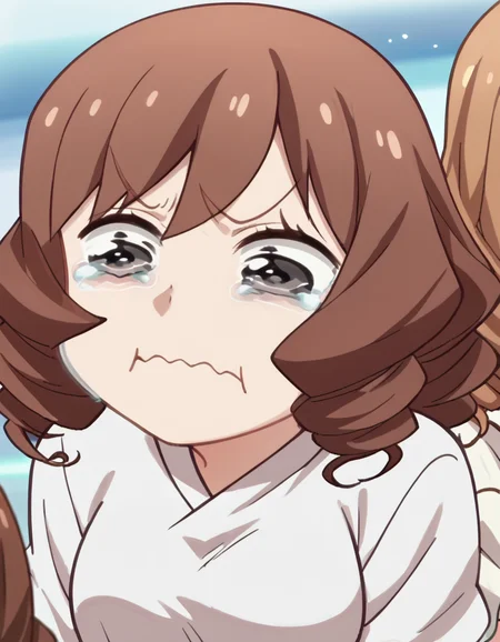 score_9, score_8_up, score_7_up, source_anime, <lora:kazuko-hosogawa-s1-ponyxl-lora-nochekaiser:1>, kazuko hosogawa, brown hair, grey eyes, drill hair, medium breasts, anime screencap, <lora:aqua-about-to-cry-ponyxl-lora-nochekaiser:1> crying aqua, crying aqua (meme), crying, tearing up, tears, wavy mouth,, , dutch angle, cowboy shot