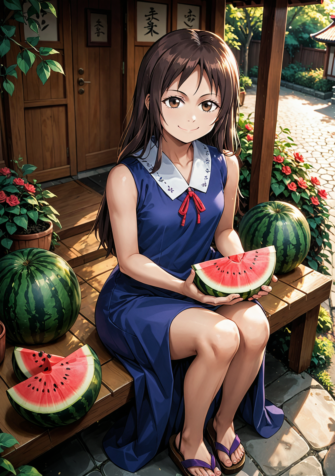 score_9, score_8_up, score_7_up, source_anime,  Rika Orimoto, Rikaorimotopony, blue dress, short dress, (brown eyes, black pupils),  legs, red ribbon, sleeveless, brown hair,  long hair,  looking at viewer, smug, porch, sitting, smug, watermelon, holding slice of watermelon, fan, outside, japanese style house, garden, from above,  medium hips,  purple footwear, sandals,   <lora:orimoto_rika-000001 (1):1>