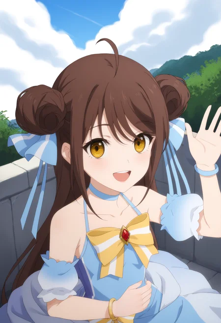 <lora:Falanya Elk Arbalest:1>,
Falanya Elk Arbalest,solo,brown hair,long hair,double bun,yellow eyes,blue dress,ahoge,hair ribbon,choker,jewelry,blue dress,bare shoulders,blue ribbon,yellow bow,upper_body,upper teeth only,outdoors,sky,cloud,sunshine,sitting,from_above,detached sleeves,waving,smile,looking_at_viewer