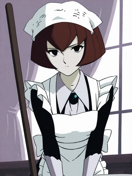 source_anime, score_9, score_8_up, score_7_up, anime screencap, 8k, absurd res, <lora:BigO_PDXLv1 Dorothy-000060:0.8> 1girl, solo, dorothy_maid_(the_big_o), short hair, red hair, green brooch, black eyes, apron, maid, black dress, maid headdress, maid apron,