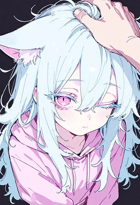 1boy, 1girl, pink eyes, blue hair, thick eyelashes, colored eyelashes, long hair, hair between eyes, messy hair, cat ears, ears down, pink hoodie, upper body, light blush, closed mouth, headpat, looking at viewer, one eye closed, from above, black background, masterpiece, best quality, amazing quality, ma1ma1helmes_b_illu, sketch,tfaix