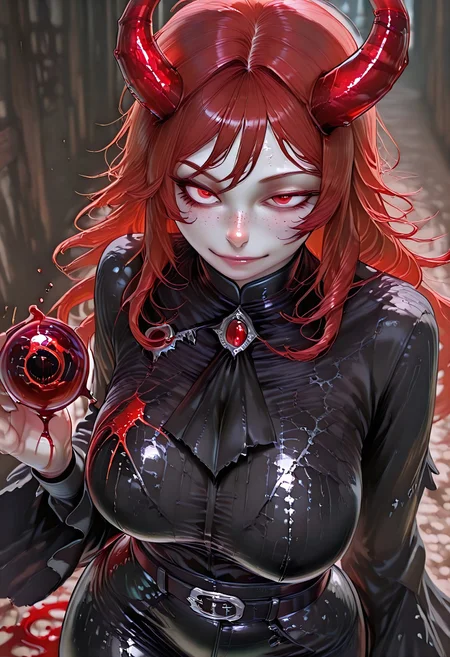 very aesthetic, masterpiece, best quality, highres, absurdres, amazing quality, high resolution, 1girl, solo, medieval background, detailed eyes, perfect eyes, expressive eyes, Expressiveh, vivid colors, realistic lighting, perfect anatomy
Red Eyes, long hair, red hair, pale skin, voluptuous, cellulite, chubby, large breasts, ((uneven eyes)), freckles, lots of freckles, crazy eyes, wide hips
black gloves, sharp fingers, black shirt, button up shirt, button down shirt, black ascot, black frills, buttons, wide sleeve cuffs, black belt, black cuffs, gambeson, black leggings, shiny leather
blurred blood bending horns, liquid horns made of blood stream), blurred fleshy red horns roots, bending blood in the shape of a (swirling orb:1.3), high angle, close-up on hands,reflective blood textures, intense, mystical atmosphere,