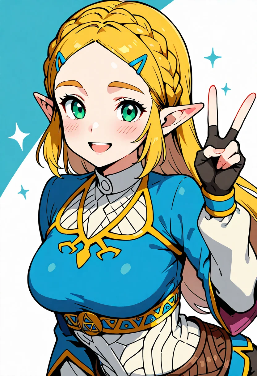 masterpiece, best quality, medium breasts, (curvy),       princess zelda, long hair, crown braid, hairclip, pointy ears, blue shirt, long sleeves, fingerless gloves, black gloves,  (upper body),  white shirt, smile, teeth, :D, v,