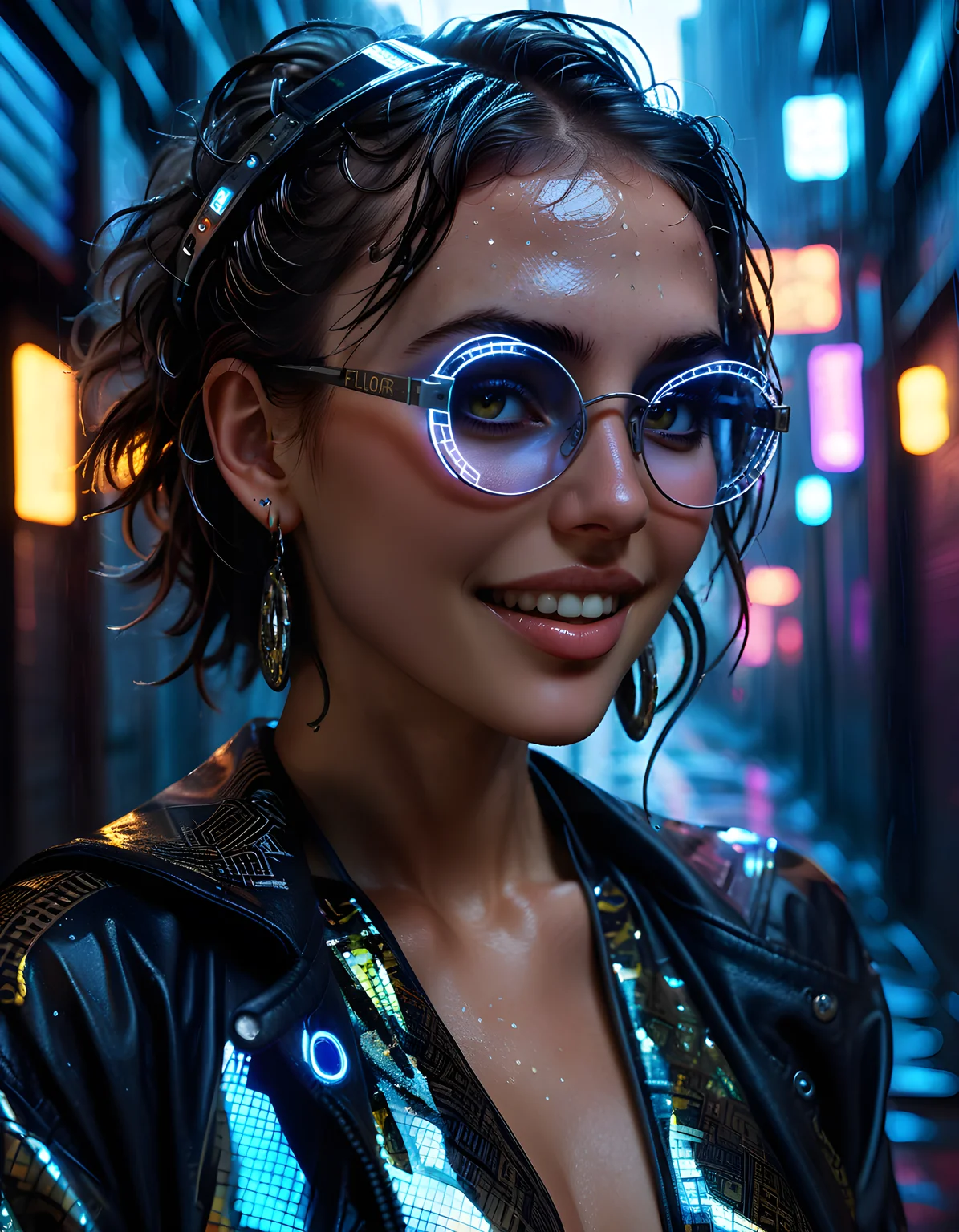 In a high-contrast, neon-lit cyberpunk setting, FL0R4, a woman with brown eyes that sparkle like polished obsidian and adorned in an intricate outfit of metallic layers and holographic patterns, poses confidently with her back slightly arched, a knowing smile playing at the corners of her lips. She wears round, reflective glasses perched upon her head and sports large, colorful earrings that shimmer like digital constellations. Her teeth flash brilliantly against the dark background as she fixes her gaze directly on the viewer, her hands poised in a casual yet purposeful manner, setting off an electric charge of raw charisma and unspoken power within the gritty, rain-drenched alleyway that serves as the backdrop for this captivating close-up portrait.