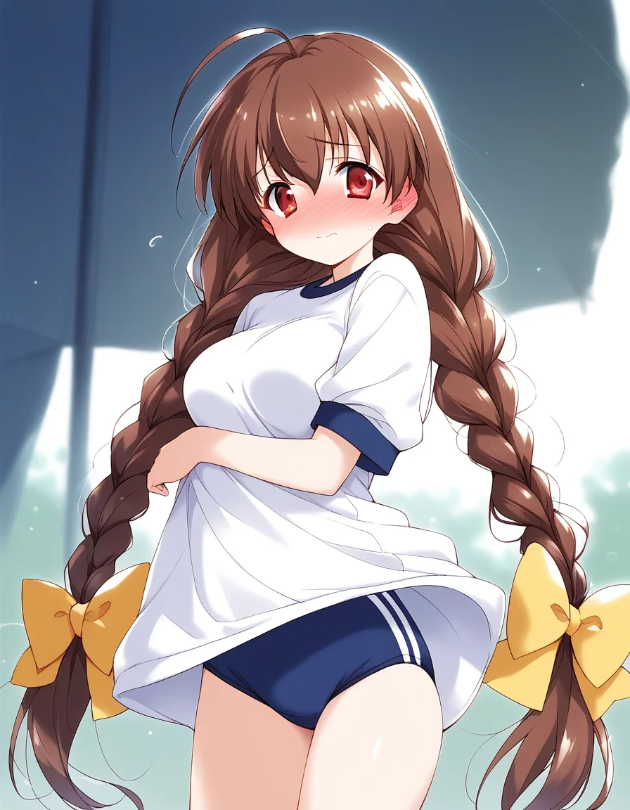 score_9, score_8_up, score_7_up, source_anime, rating_explicit, BREAK <lora:Pasocom_Paradise_2001.8_XL:0.9>Pasocom_Paradise_2001.8, very long hair, twin braids, ahoge, bangs, brown hair, red eyes, hair between eyes, Yellow bow,
gym uniform,white shirt, dark blue buruma,
outdoor day
medium breasts, full-face blush, embarrassed,
looking at viewer,
cowboy_Shot,
