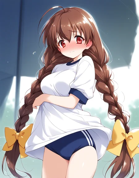 score_9, score_8_up, score_7_up, source_anime, rating_explicit, BREAK <lora:Pasocom_Paradise_2001.8_XL:0.9>Pasocom_Paradise_2001.8, very long hair, twin braids, ahoge, bangs, brown hair, red eyes, hair between eyes, Yellow bow,
gym uniform,white shirt, dark blue buruma,
outdoor day
medium breasts, full-face blush, embarrassed,
looking at viewer,
cowboy_Shot,