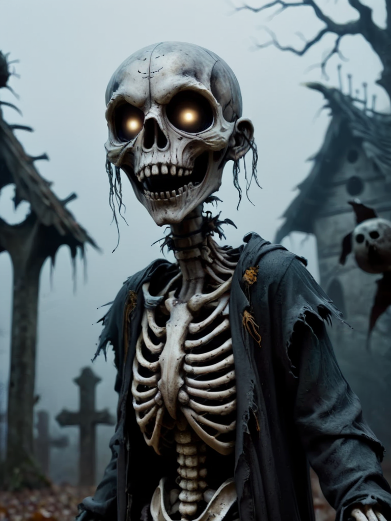 scarecrow zkeleton, skeleton, bones, solo, 1boy, upper body, outdoors, teeth, no humans, mask, glowing, glowing eyes, 1other, ribs, skeleton, bone, horror (theme), in the graveyard, with fog, at night, moon, moonlight <lora:zkeleton-sdxl:1>