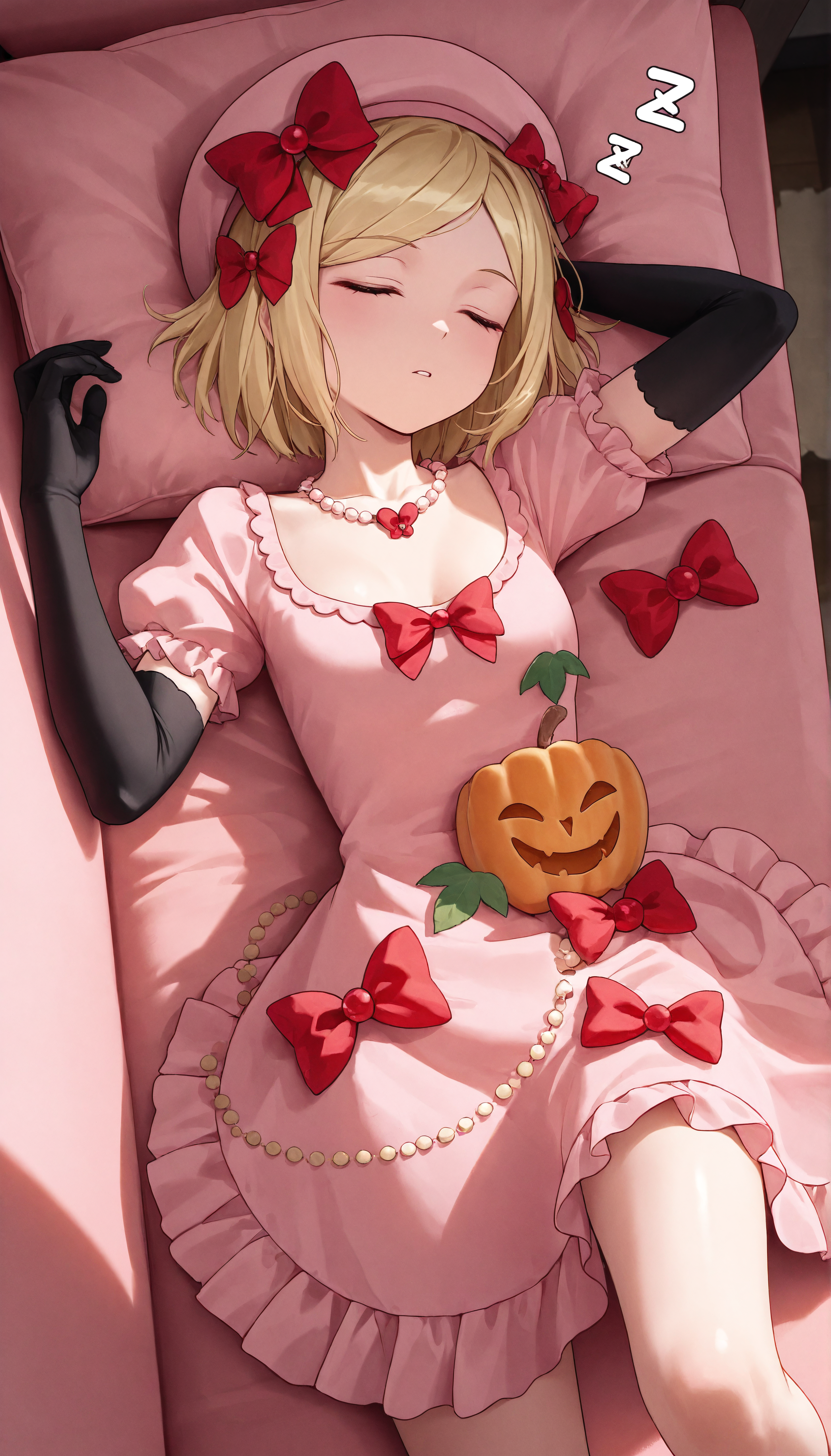 masterpiece, best quality, amazing quality, very aesthetic, highres, ultra-detailed, absurdres, newest, scenery, <lora:Lambdadelta_NoobVpred10_v1:1>, hat, lambdnoob, jewelry, solo, necklace, small breasts, sleeping, closed eyes, red bow BREAK volumetric lighting BREAK lying down, from above, zzz, looking at viewer, <lora:noobai_vpred_1_aqm_complete_v3:1>