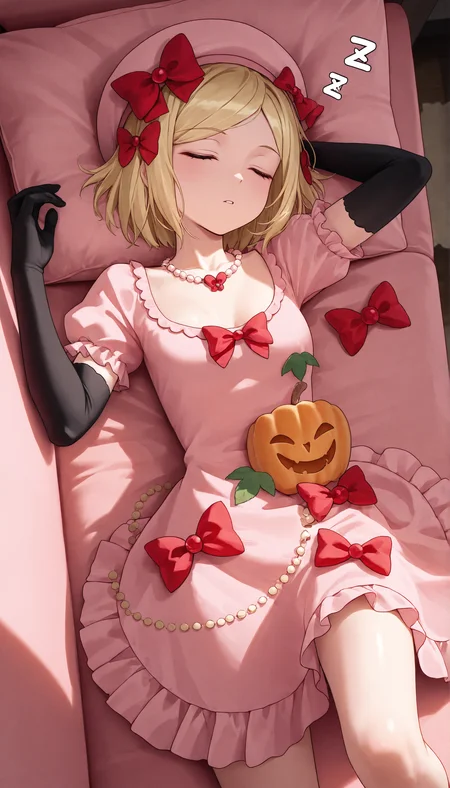 masterpiece, best quality, amazing quality, very aesthetic, highres, ultra-detailed, absurdres, newest, scenery, <lora:Lambdadelta_NoobVpred10_v1:1>, hat, lambdnoob, jewelry, solo, necklace, small breasts, sleeping, closed eyes, red bow BREAK volumetric lighting BREAK lying down, from above, zzz, looking at viewer, <lora:noobai_vpred_1_aqm_complete_v3:1>