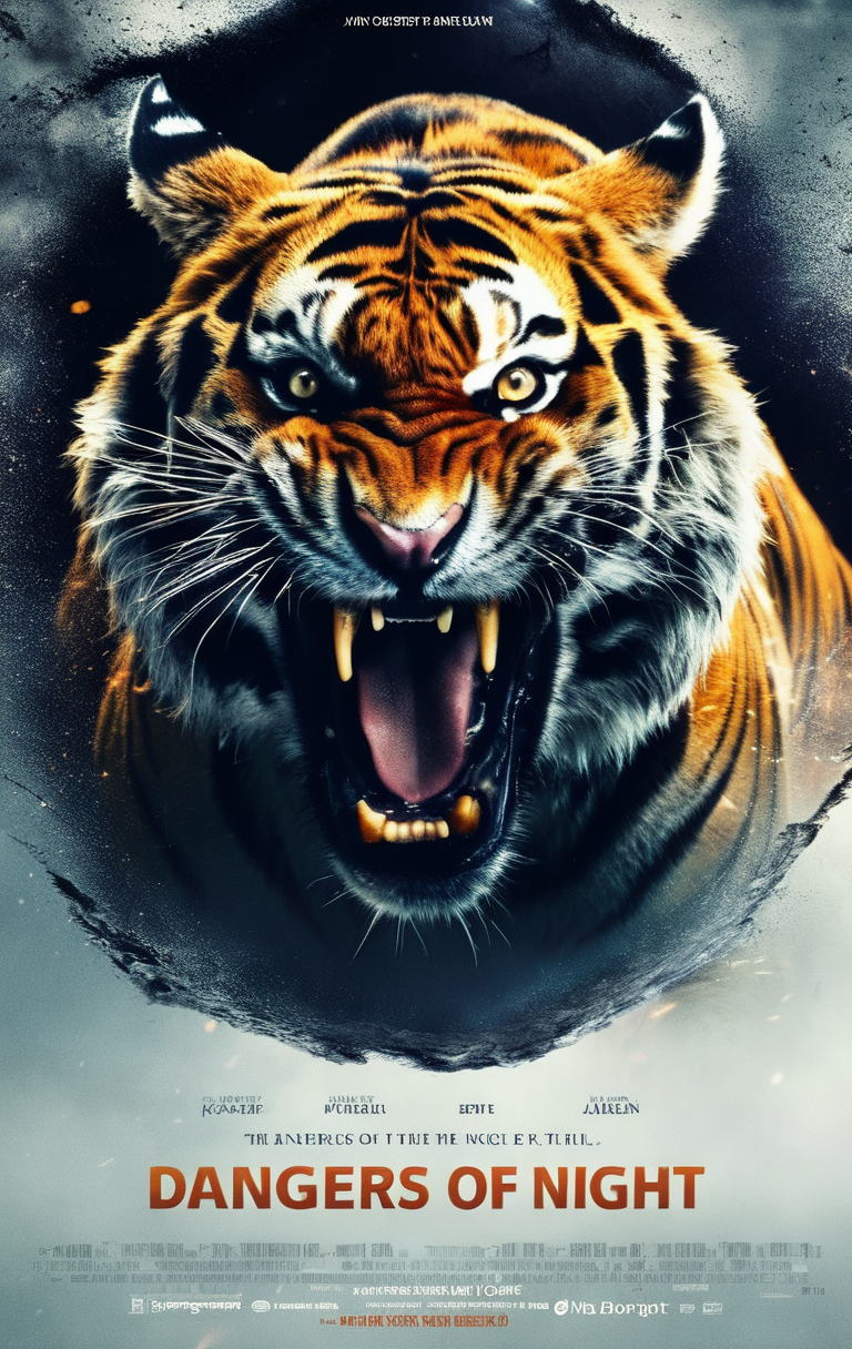 A angry tiger, dark scene, night, documentary, epic, cinematic, with title "DANGERS OF NIGHT" on it
 ,Movie Poster, MoviePosterRedAF,
,<lora:MoviePosterRedAFConfig4DebiComTE:1>