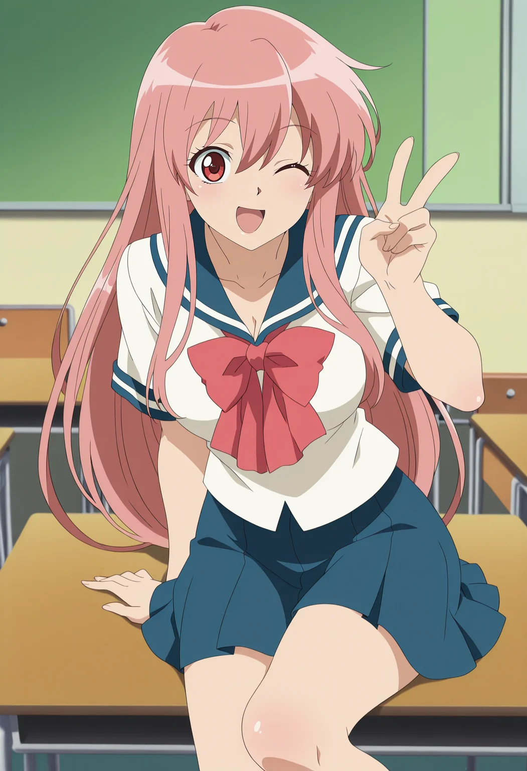 1girl,solo,mm,aged up,long hair,pink hair,red eyes,anime coloring,
school uniform,serafuku,bow,skirt,short sleeves,;d,v,one eye closed,looking at viewer, sitting,on table,desk
,masterpiece,best quality,amazing quality,<lora:Mayura_Daidouji-Matantei_Loki_Ragnarok:0.8>