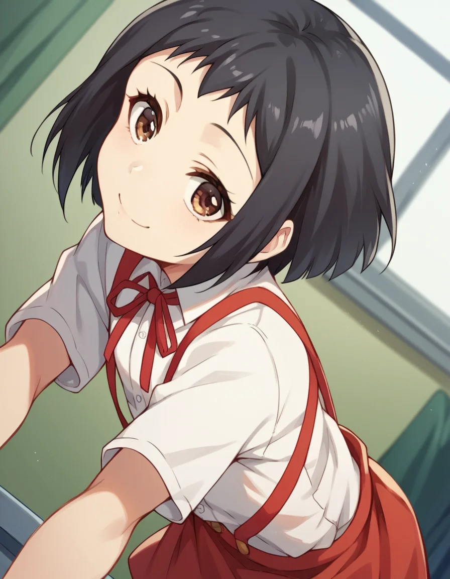 score_9, score_8_up, score_7_up, source_anime, <lora:hanako-hasegawa-ova-ponyxl-lora-nochekaiser:1>, hanako hasegawa, short hair, black hair, brown eyes,, skirt, shirt, ribbon, school uniform, white shirt, red ribbon, suspenders,, indoors, bent over, smile, looking at viewer, solo,, cowboy shot, dutch angle