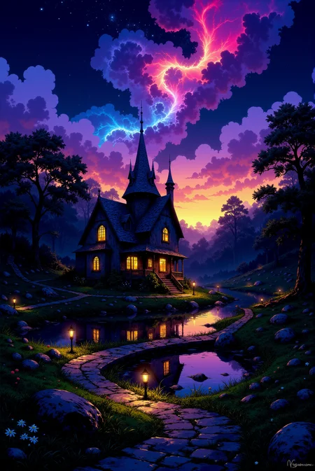 <lora:DGLO_style_v.7:0.75> DGLO style.
Nestled in a tranquil valley, a gothic-style house rises against the backdrop of a sky ablaze with a cosmic rainbow of swirling clouds. The structure, with its steep gables and pointed turrets, is bathed in contrasting shadows and the warm, inviting glow of its windows. The house stands at the edge of a reflective pond, the water mirroring the wild, colorful chaos of the sky. A small boathouse rests peacefully in the pond, its windows glowing faintly, adding to the serene yet surreal atmosphere. The winding stone path to the house is lined with soft, dewy grass and scattered flowers, leading visitors into a place that feels caught between dream and reality. This is a haven for those seeking the mystical, where the ordinary world melts into the extraordinary.