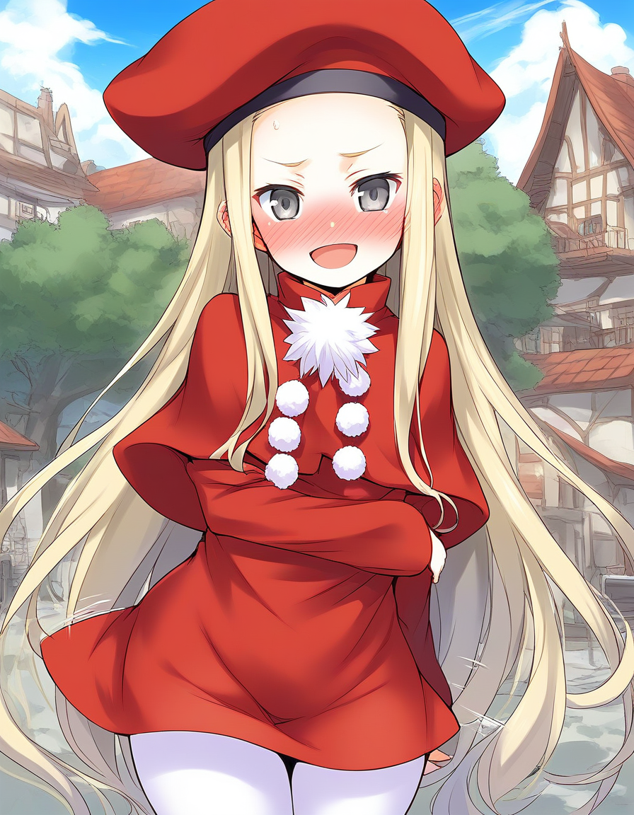 score_9, score_8_up, score_7_up, source_anime, rating_explicit, BREAK  <lora:Belfraw_Martini_Ver2.0_XL:1> Belfraw_Martini, 1girl, solo, very long hair, blonde hair, grey eyes,  short stack, bangs,  hat,
1girl, solo,  open mouth,  pom pom (clothes), capelet, sky, :d,  long sleeves, white pantyhose, red skirt,
outdoor, town, tree, 
smile, full-face blush, embarrassed, motion lines, motion blur,ã
looking at viewer, 
cowboy_Shot,