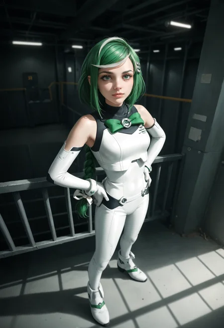 zPDXL2, (from above:0.8), (armpit focus:0.9), depth of field, highly detailed,
medium shot, sber-chan, green hair, streaked hair, green eyes, single braid, white bow, long hair, (skin details:1.1),
looking at viewer, calm, standing legs apart, hand on own hip,
hairclip, (white plugsuit:1.1),
massive dark hangar housing a colossal robot, industrial and imposing, (dark theme:1.2), backlighting, metal catwalk \(walkway\),
<lora:add-detail-xl:1.5> <lora:Sber-chan:0.9>