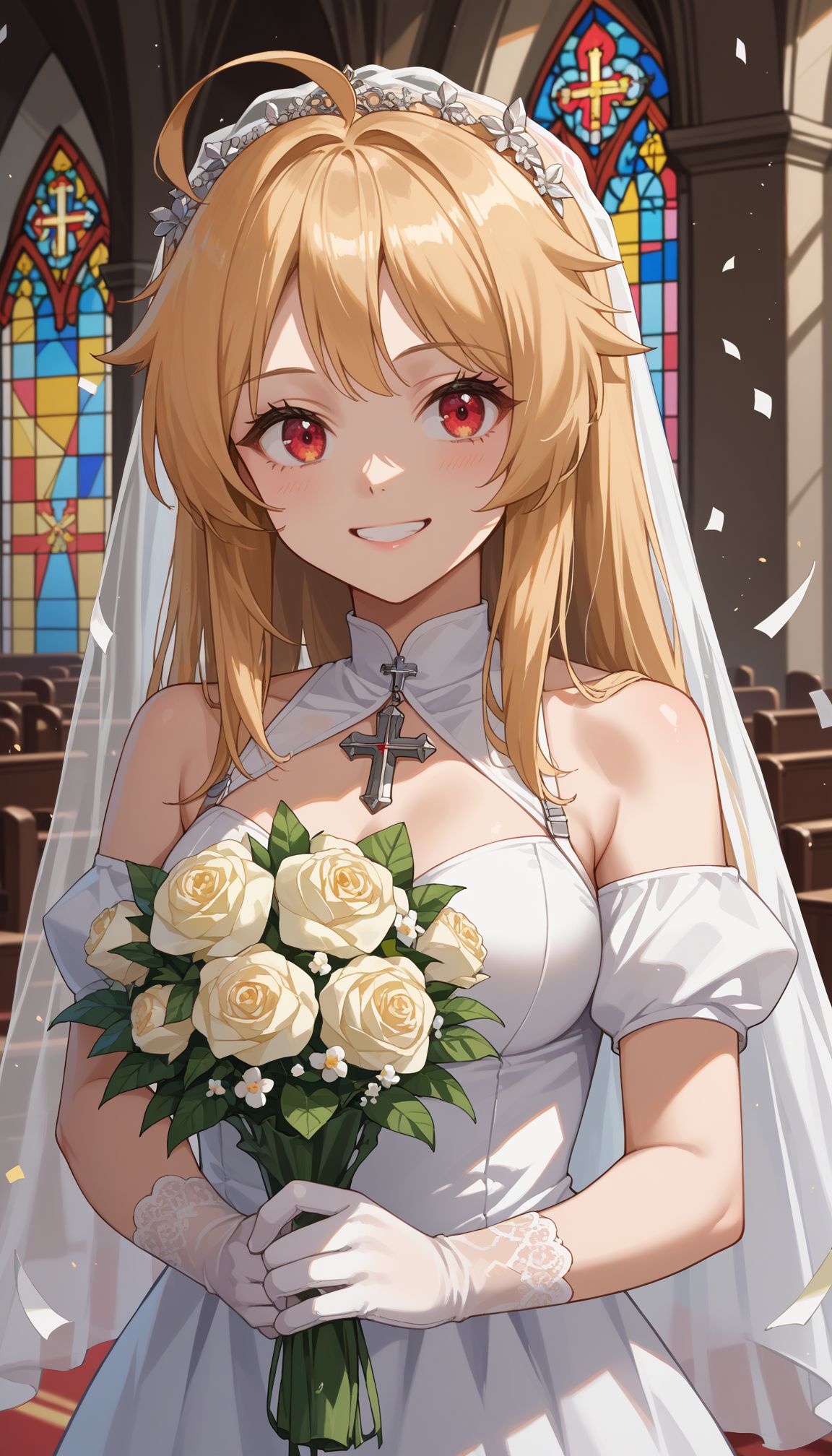 score_9, score_8_up, score_7_up, source_anime, , <lora:Columbia (azur_lane) :1> columbia (azur_lane), 1girl, ahoge, long hair, red eyes, blonde hair, medium breasts, church, stained glass, whie veil, laced gloves, upper body, close portrait church, holding bouquet, (confetti:1.1), smile, white dress, wedding dress, church, holding bouquet, (confetti:1.1)