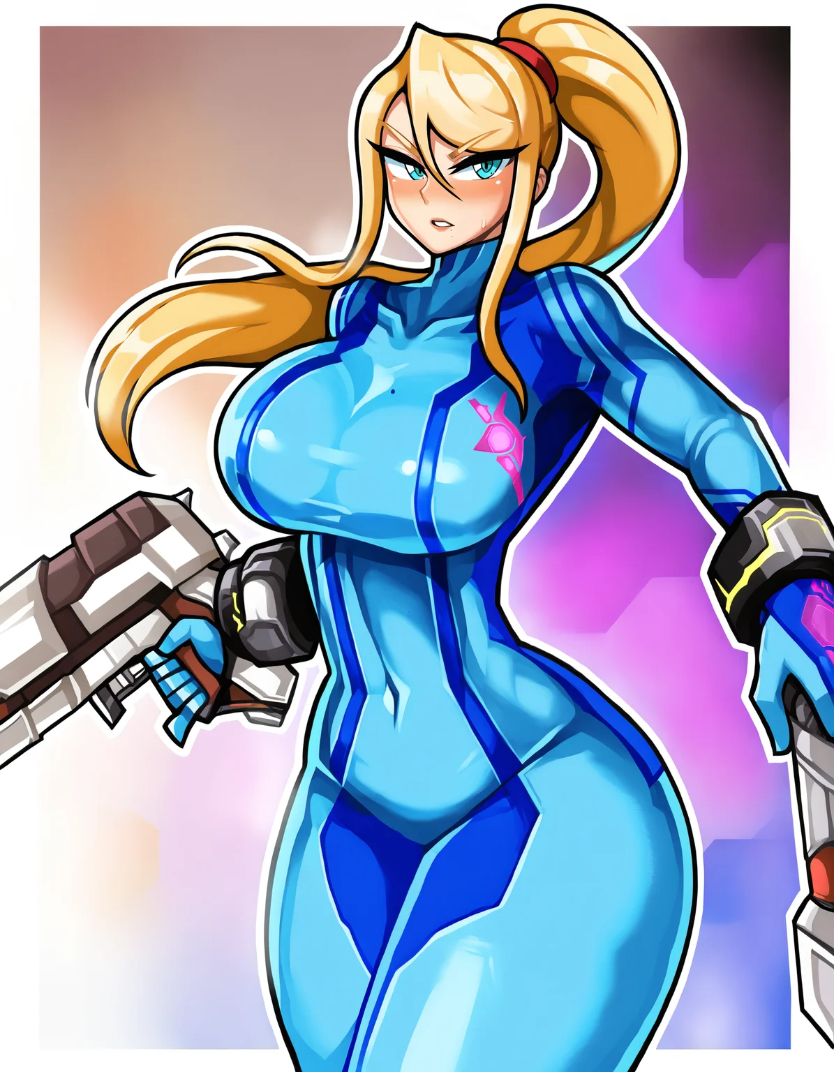 sexually suggestive, <lora:sagas293-000003:1>, 1girl, blonde hair,samus aran, blue bodysuit, blue eyes, blush, bodysuit,large breasts, bursting breasts, skinny, covered navel, cowboy shot, floating hair, long hair, looking at viewer, mole, mole under mouth, outline, ponytail, skin tight, solo, white outline, zero suit