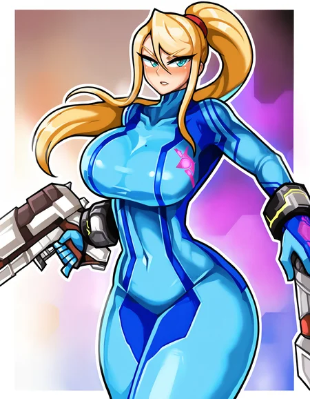 sexually suggestive,  <lora:sagas293-000003:1>, 1girl, blonde hair,samus aran,  blue bodysuit, blue eyes, blush, bodysuit,large breasts, bursting breasts, skinny,  covered navel, cowboy shot, floating hair, long hair, looking at viewer, mole, mole under mouth, outline, ponytail, skin tight, solo, white outline, zero suit