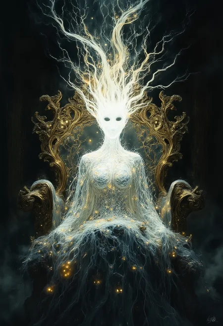 A glowing white crown adorned with sharp metallic thorns radiates a soft, ethereal light, resting atop the head of a queen whose form is rendered in a stark white silhouette. She sits motionless on a grand golden throne, its surface intricately carved with ancient runes and regal patterns, gleaming against the shadowed surroundings.
Contrasting the light of her form, a second black crown—minimal, ominous—floats just above the glowing one, like a silent twin of darkness. Her presence is silent and commanding, the throne room bathed in stillness, lit only by the spectral glow of the crown and the warm shimmer of gilded thrones. A vision of divine power balanced between light and shadow.