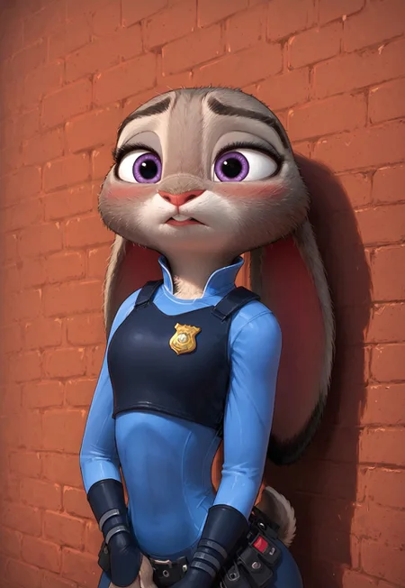 safe_pos, score_9, score_8_up, score_7_up, (Expressiveh:0.8), 
BREAK
(Judy Hopps, Zootopia:1.1),
BREAK
girl 24yo, solo, 1girl, Judyhopps, sexy bunny girl, perfect face, thin waist, focus on furry, leaning on brick wall, blushing, acting shy, police uniform, toned, flirty, looking at viewer,
