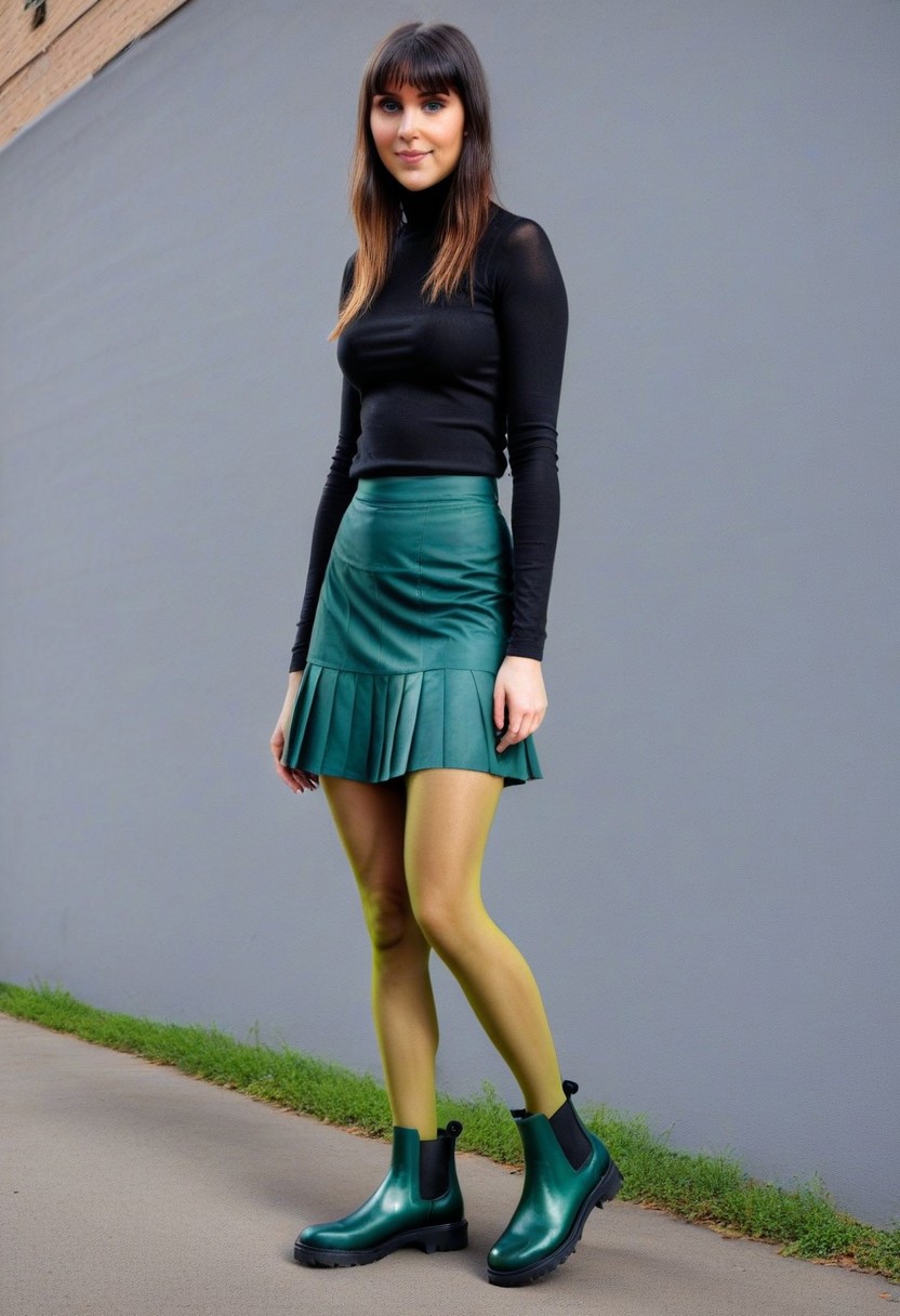 city, street fashion, photo, masterpiece 
BREAK 
1girl, (multicolor), (green chelsea boots), skirt, (black pantyhose)
