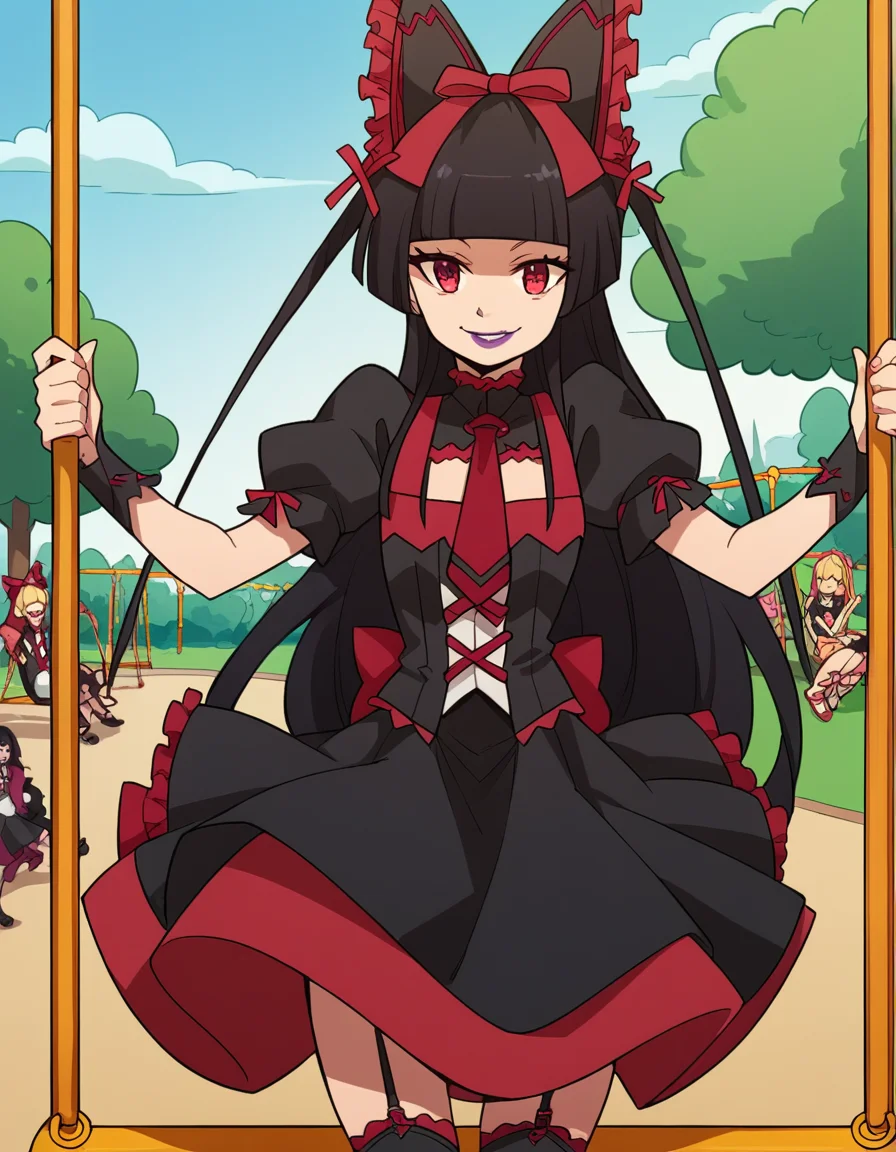 score_9, score_8_up, score_7_up, source_anime, <lora:rory-mercury-s1s2-ponyxl-lora-nochekaiser:1>, rory mercury, long hair, black hair, red eyes, bangs, blunt bangs, hime cut,, thighhighs, bow, ribbon, hair ribbon, garter straps, dress, black dress, puffy sleeves, frills, detached sleeves, necktie, red necktie, lipstick, purple lipstick,, public park, playground, swing set, laughter, sunny day, smile, , v, v over eyes,, solo,, cowboy shot, dutch angle