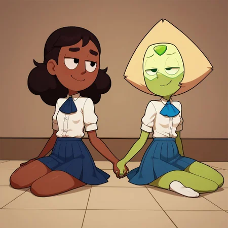 score_9, score_8_up, score_7_up, score_6_up, score_5_up, score_4_up, BREAK, source_anime, connie_maheswaran, indoors, school, small breasts, peridot, 2 girls, smile, smug, white button up shirt, blue skirt, blue ascot, sitting, white socks, holding hands