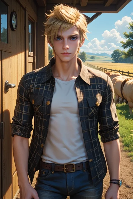 score_9, score_8_up, score_7_up,
<lora:FFPrompto:0.8>
FFPrompto, 1boy, blonde hair, blue eyes, looking at viewer, leaning against a rustic barn door, wearing a flannel shirt and jeans, golden fields in the background, late afternoon light, warm and inviting mood
