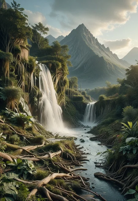 embedding:lazyup7, foliage-and-roots, landscape, river, valley, mountains, waterfall, clouds