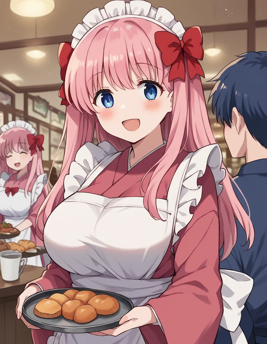 score_9, score_8_up, score_7_up, source_anime, nodokaharamura, <lora:nodoka-haramura-s1-ponyxl-lora-nochekaiser:1>, nodoka haramura, blue eyes, hair bow, long hair, pink hair, bow, large breasts,, <lora:wa-maid-ponyxl-lora-nochekaiser:1>, wa maid, maid, maid headdress, apron, white apron, frilled apron, maid apron, kimono, japanese clothes, frilled kimono, holding tray, tray, food,, indoors, restaurant, smile, blush, open mouth,,