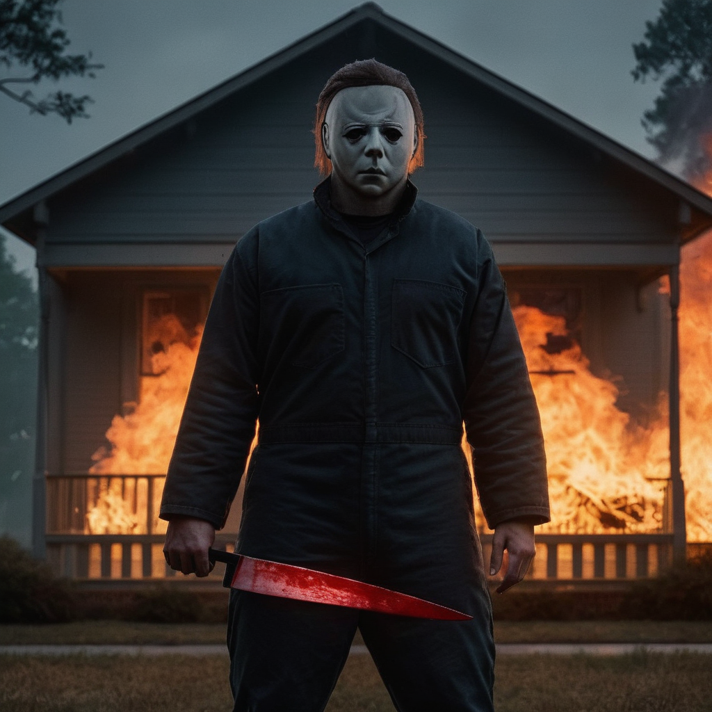 Horror-themed,  <lora:Michael Myers:1>
Michael Myers holding a bloody knife while staring at camera with a burning house in background, Eerie, unsettling, dark, spooky, suspenseful, grim, highly detailed