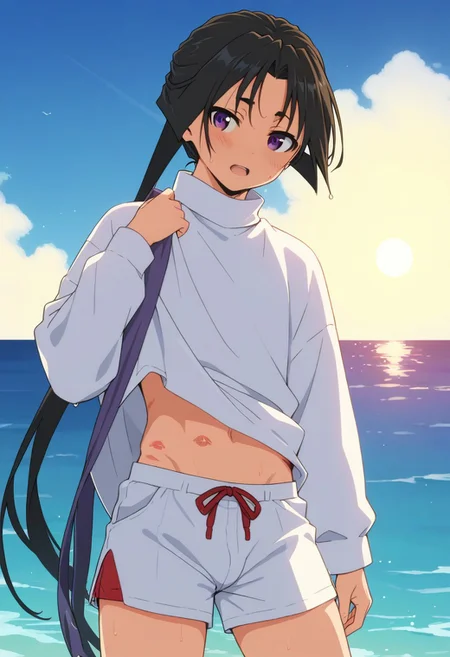 score_9,score_8_up,score_7_up,score_6_up, source_anime, BREAK cowboy shot,1boy,solo,male focus,otoko_no_ko,tokiyuki,top,bulge,open_mouth,emberresed,blush,blue sky,sun,backlighting,ocean,
sweating profusely,
kiss marks on neck and stomach area,
white sweater,
short white shorts,
small marks and bruises on face