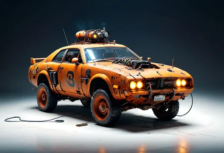 <lora:evidecrepPunk:1> evi@decrepPunk Robotic orange car made of rusted old metal and gears and leaking decaying batteries in a post-apocalyptic weathered decaying world, muscle car, mustang, dolorean, 1969 dodge charger illuminated by neon lights and a glowing atmosphere, humoristic dystopian setting, highly detailed, sharp focus, photograph, 8k resolution, cinematic lighting, taxi flying above city, night, dark exhaust smoke, black oil dripping