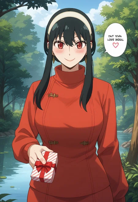 score_9, score_8_up, score_7_up, source_anime,
BREAK,
happy and in love, gentle smile, looking at viewer, Expressiveh, yor briar, black hair, red eyes, sidelocks, hairband, short hair with long locks, white hairband, medium breasts, dress, long sleeves, red sweater, sweater, sweater dress, 1girl, solo, wide hips, blush, text bubble, hearts,
standing, standing straight, one hand on hip, upper body, portrait, holding a heart-shaped gift box,
day, in a fantasy forest near a lake,