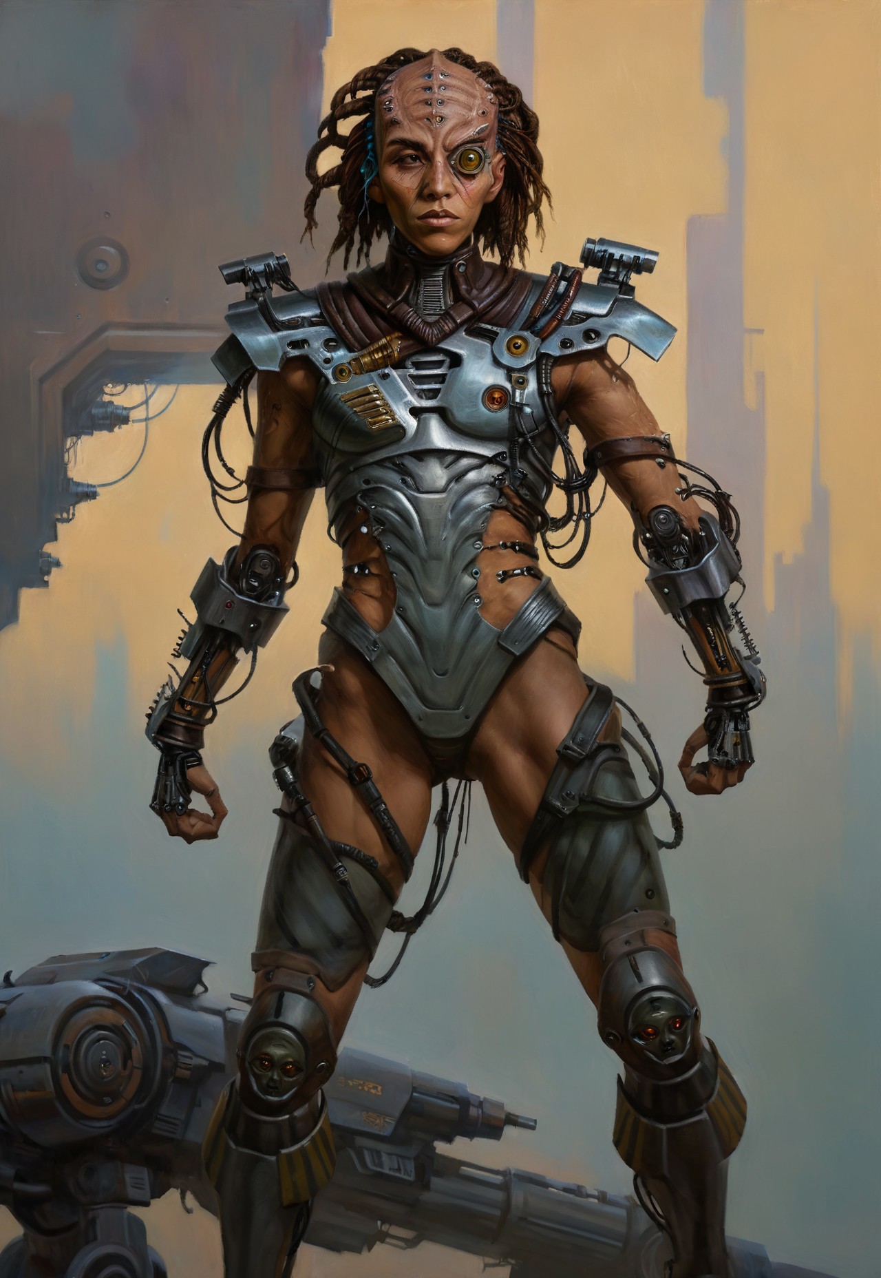  (full body w4rh4mm3r style oil painting) of a 18 year old cybernetic cyborg female kling0n alien, forehead ridges, brown skin, nose ridges, large eyebrows, leather armor, grimdark, dynamic, moody, shadows, highly detailed, cyberpunk, cyborg mechanical arms, military commander