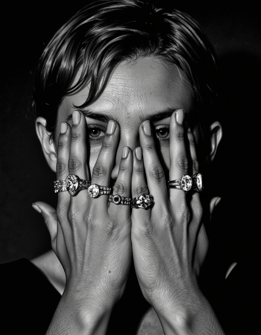 A detailed cinematic black-and-white photograph capturing a close-up of a pair of hands delicately arranged against a dark background. The hands are positioned in a symmetrical manner, with the fingers gently touching each other and the thumbs placed on either side of the face. The person's face is not visible, but the hair is short and neatly combed, with a slight wave. The hands are adorned with several large, sparkling rings, each showcasing different cuts of gemstones, including diamonds and possibly other precious stones. The rings are set in various metals, creating a contrast in textures and reflecting light. The nails are manicured, with a polished, glossy finish and a simple, clean design. The lighting is dramatic, casting sharp shadows and highlighting the intricate details of the rings and the skin texture. The overall composition is elegant and sophisticated, emphasizing the beauty and luxury of the jewelry. The background is completely dark, drawing attention solely to the hands and the jewelry, creating a sense of depth and mystery.