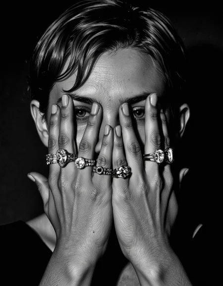 A detailed cinematic black-and-white photograph capturing a close-up of a pair of hands delicately arranged against a dark background. The hands are positioned in a symmetrical manner, with the fingers gently touching each other and the thumbs placed on either side of the face. The person's face is not visible, but the hair is short and neatly combed, with a slight wave. The hands are adorned with several large, sparkling rings, each showcasing different cuts of gemstones, including diamonds and possibly other precious stones. The rings are set in various metals, creating a contrast in textures and reflecting light. The nails are manicured, with a polished, glossy finish and a simple, clean design. The lighting is dramatic, casting sharp shadows and highlighting the intricate details of the rings and the skin texture. The overall composition is elegant and sophisticated, emphasizing the beauty and luxury of the jewelry. The background is completely dark, drawing attention solely to the hands and the jewelry, creating a sense of depth and mystery.