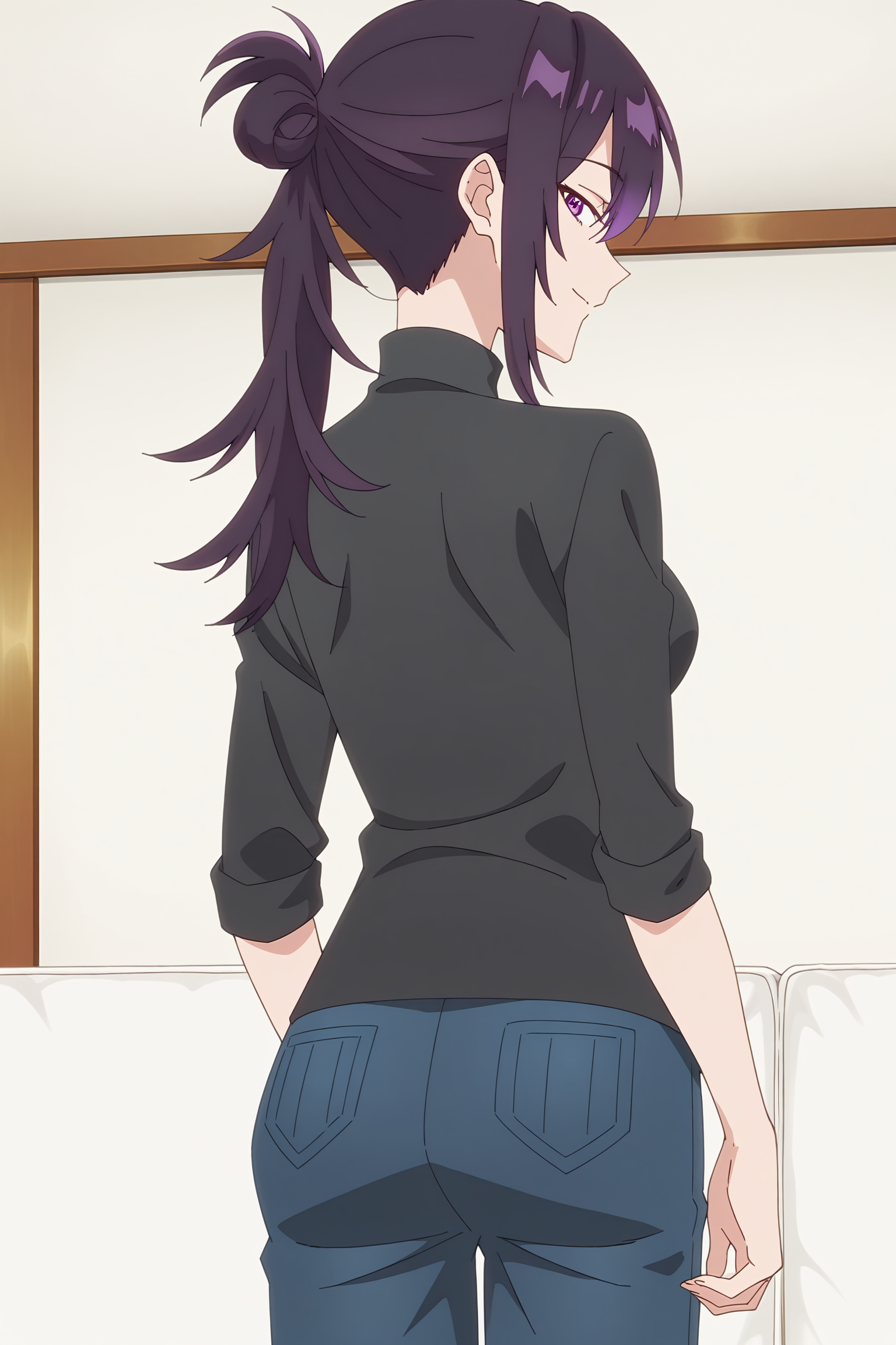 anime screencap, anime coloring, detailed face, perfect fingers, masterpiece, best quality, very aesthetic, absurdres, volumetric lighting,
indoors, in a living room,
 <lora:Motoko_Izumi_Shikimoris_Not_Just_a_Cutie:1>
Motoko Izumi (character), 1girl, solo, purple eyes, breasts, single hair bun, long hair, pants, purple hair, denim, ponytail, from behind, jeans, purple hair, shirt, girl looking back at the viewer, gentle smile, directly behind girl, cowboy shot