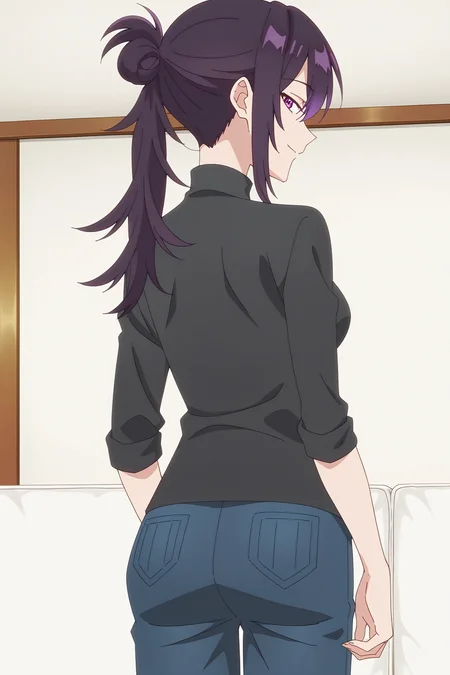 anime screencap, anime coloring, detailed face, perfect fingers, masterpiece, best quality, very aesthetic, absurdres, volumetric lighting,
indoors, in a living room,
<lora:Motoko_Izumi_Shikimoris_Not_Just_a_Cutie:1>
Motoko Izumi (character), 1girl, solo, purple eyes, breasts, single hair bun, long hair, pants, purple hair, denim, ponytail, from behind, jeans, purple hair, shirt, girl looking back at the viewer, gentle smile, directly behind girl, cowboy shot