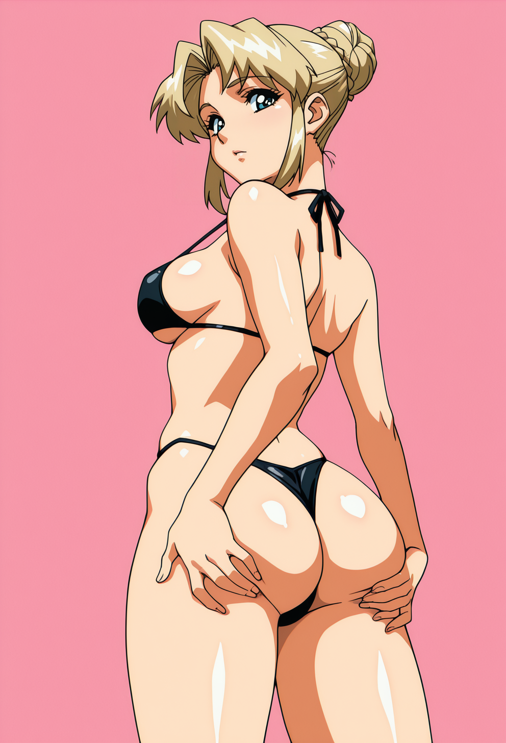 masterpiece, best quality,
1girl, solo, shiny skin, standing, looking back, spread ass, looking at viewer, blonde hair, hair bun, medium breasts, bikini, black bikini, micro bikini, pink background, simple background,
 <lora:masami_oba:1> M4s4m1 0b4r1, retro artstyle,