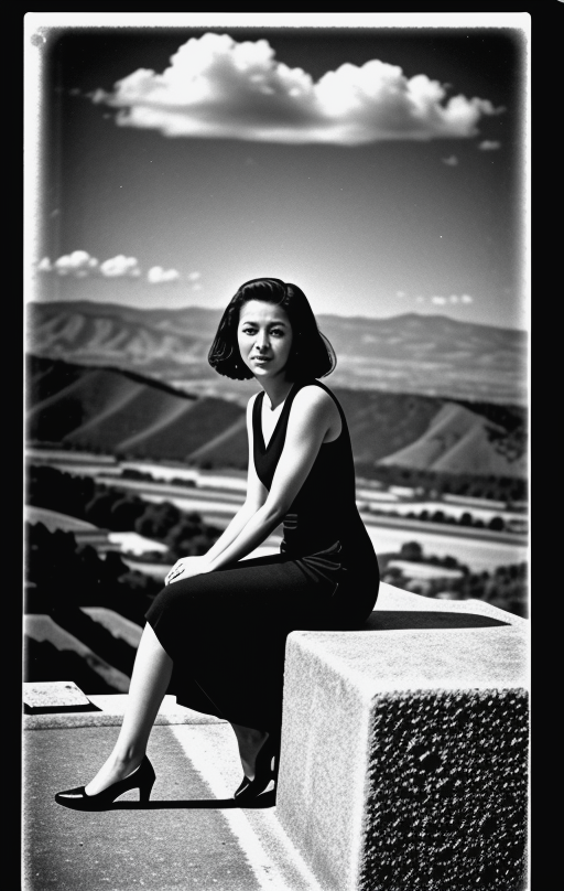 <lora:knives_and_time:1>  kata_bd  folding  monochrome (damage:1.2) (scratches:1.5) overlit overexposedPhotograph of a woman wearing black dress sitting on top of a hill overlooking a valley painting   <lora:pytorch_lora_weights:1>