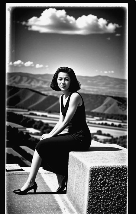 <lora:knives_and_time:1> kata_bd folding monochrome (damage:1.2) (scratches:1.5) overlit overexposedPhotograph of a woman wearing black dress sitting on top of a hill overlooking a valley painting <lora:pytorch_lora_weights:1>