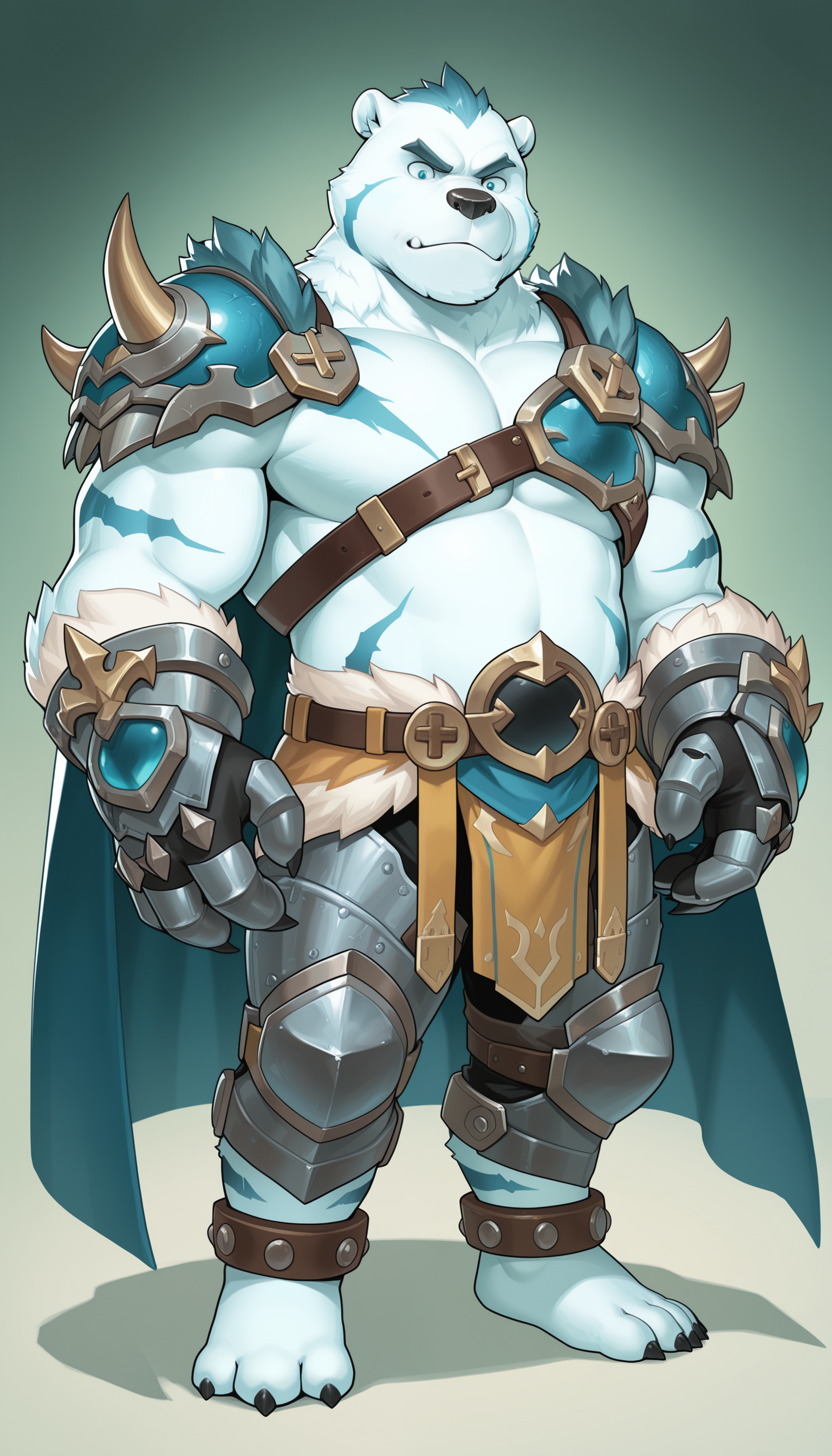 masterpiece, best quality, amazing quality, 1boy, solo,
1boy, solo,
BernardGYEE, polar bear, stripes, blue eyes, blue hair,
armor, cape, pauldrons, gauntlets, chest harness, chest belt, leg armor, anklets, barefoot