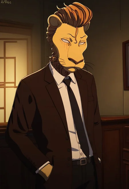 score_9_up, score_8_up, score_7_up, masterpiece, best quality, amazing quality, very aesthetic, absurdres, newest, high quality, detailed, male, solo male, FreeBeastars, 1boy, mature male, male, athletic build, anthro, lion, light golden-yellow fur, strawberry-blond hair, pompadour, animal ears, white eyes, scar over right eye, white dress shirt, brown suit, jacket, brown slacks, black tie, standing, indoors, looking at viewer, grinning, hands in pockets, volumetric lighting