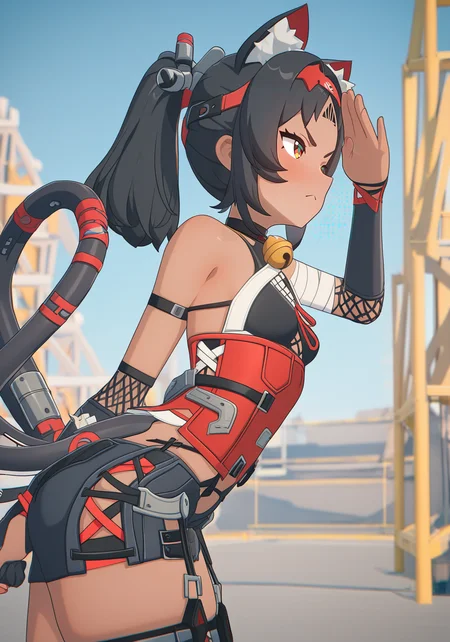 newest, masterpiece, best quality, <lora:zzz_v-000018:0.8>, (3d:0.8), simple background, blurry background, very aesthetic, mixed media, photo background, very awa, perfect composition
BREAK
indoors, construction site, blue sky,
BREAK
1girl, solo, zenless zone zero, nekomiya mana, shading eyes, v-shaped eyebrows, :3, frown, from side, leaning forward, small breasts, cat ears, red eyes, jingle bell,skin_fang, parted_bangs, mechanical_tail, two tails, shorts,red hairband, long hair, dark-skinned female, red corset, thighhighs, profile, hand on own forehead, ponytail,
