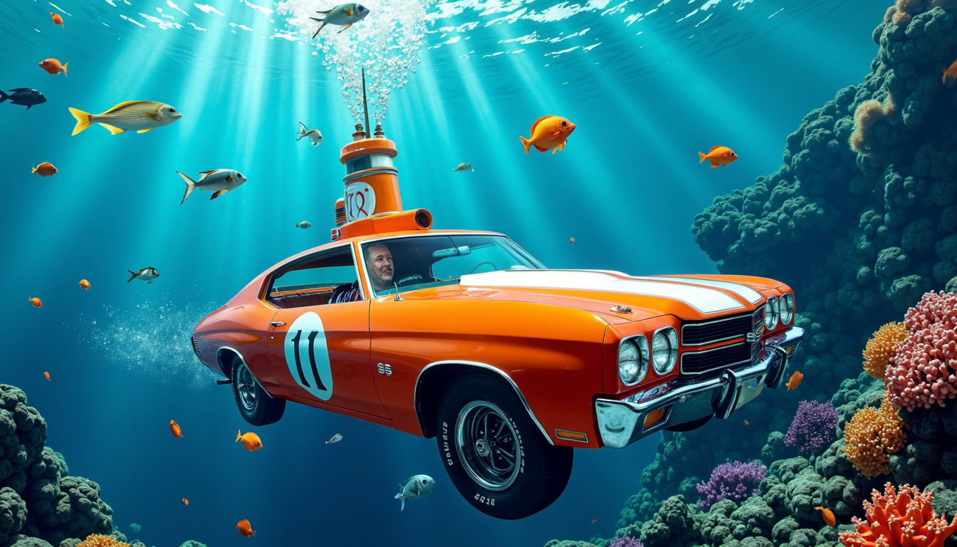 1970chevelless as a submarine, orange with white rally stripes, man with diving suit driving, deep underwater in crystal blue ocean, coral reef, colorful fish, light rays, bubbles,
extremely detailed, sharp focus, sharp