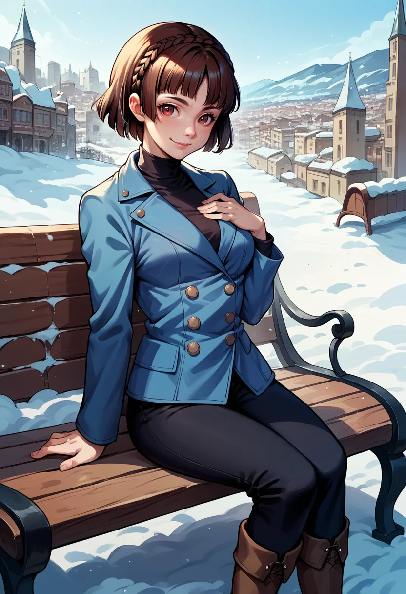 score_9, score_8_up, score_7_up, source_anime, 1girl, solo, sitting, looking at you, smile, hand on chest, <lora:MakotoP5-pdxl:1> winMako, short hair, crown braid, blue jacket, medium breasts, black turtleneck, long sleeves, black pants, brown knee boots, outdoors, city, snow, bench